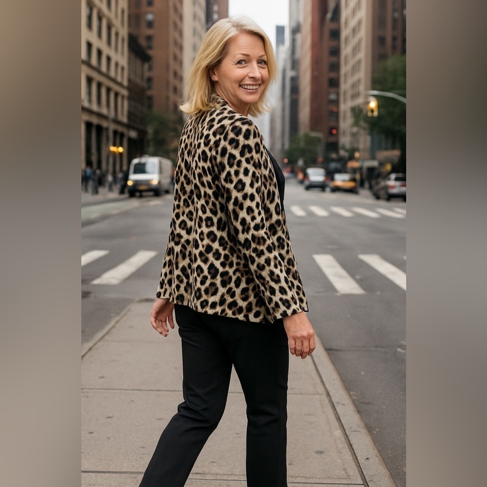 Chico’s Leopard Print Open Front Cardigan Sweater, Silk and Angora Blend, Large